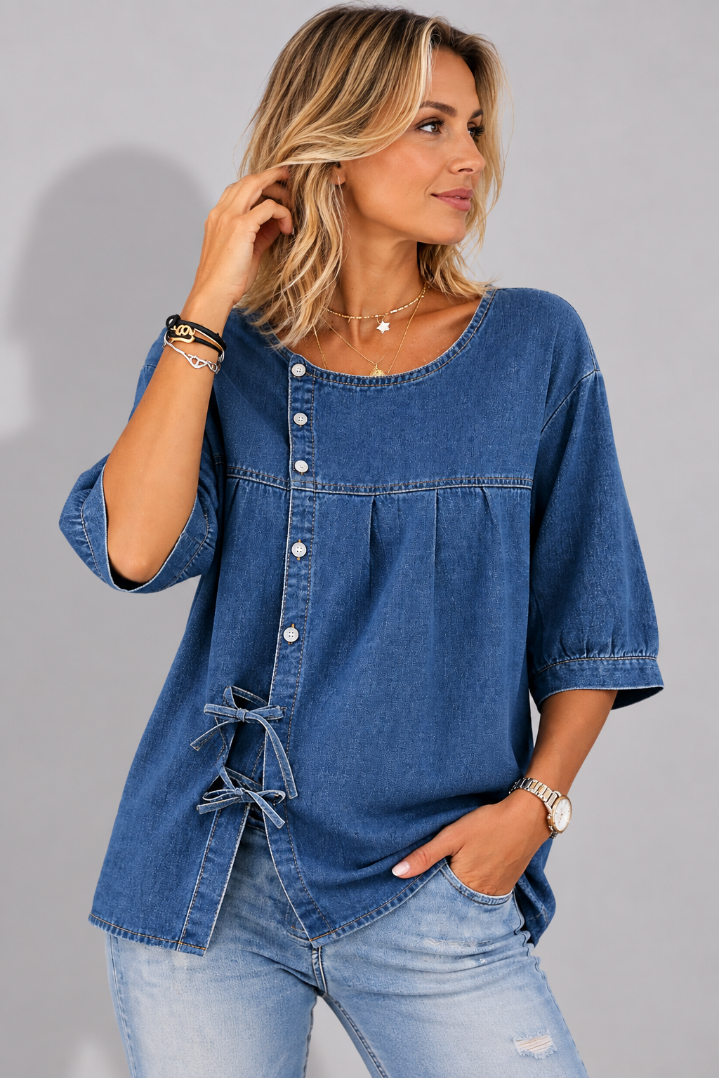 Denim Button-Down Blouse with Side Ties for Women