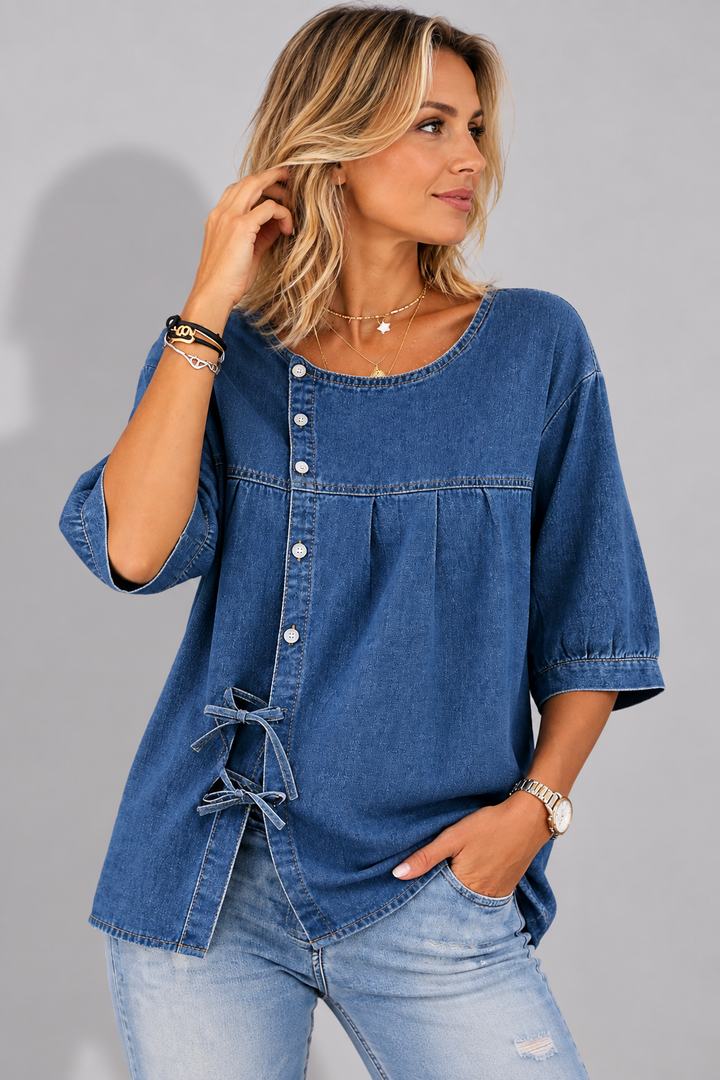 Denim Button-Down Blouse with Side Ties for Women