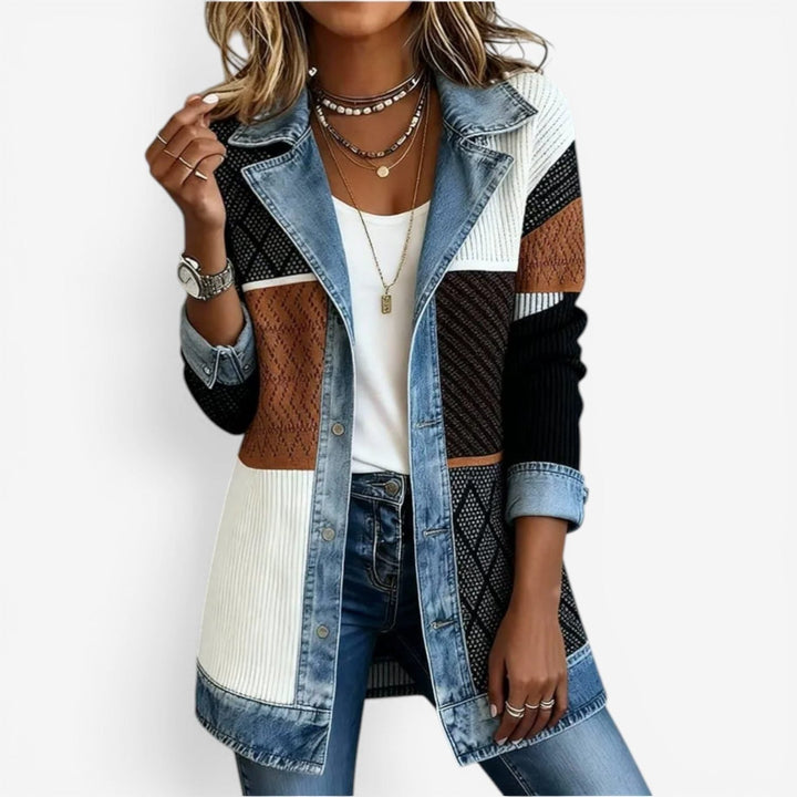 Denim Cardigan Jacket with Lapel Collar and Buttons for Women