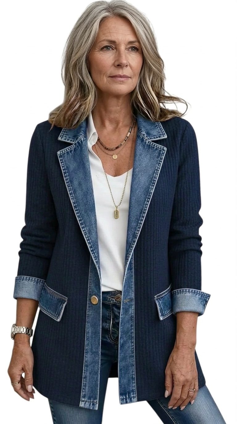 Denim Panel Ribbed Knit Blazer with Long Sleeves for Women