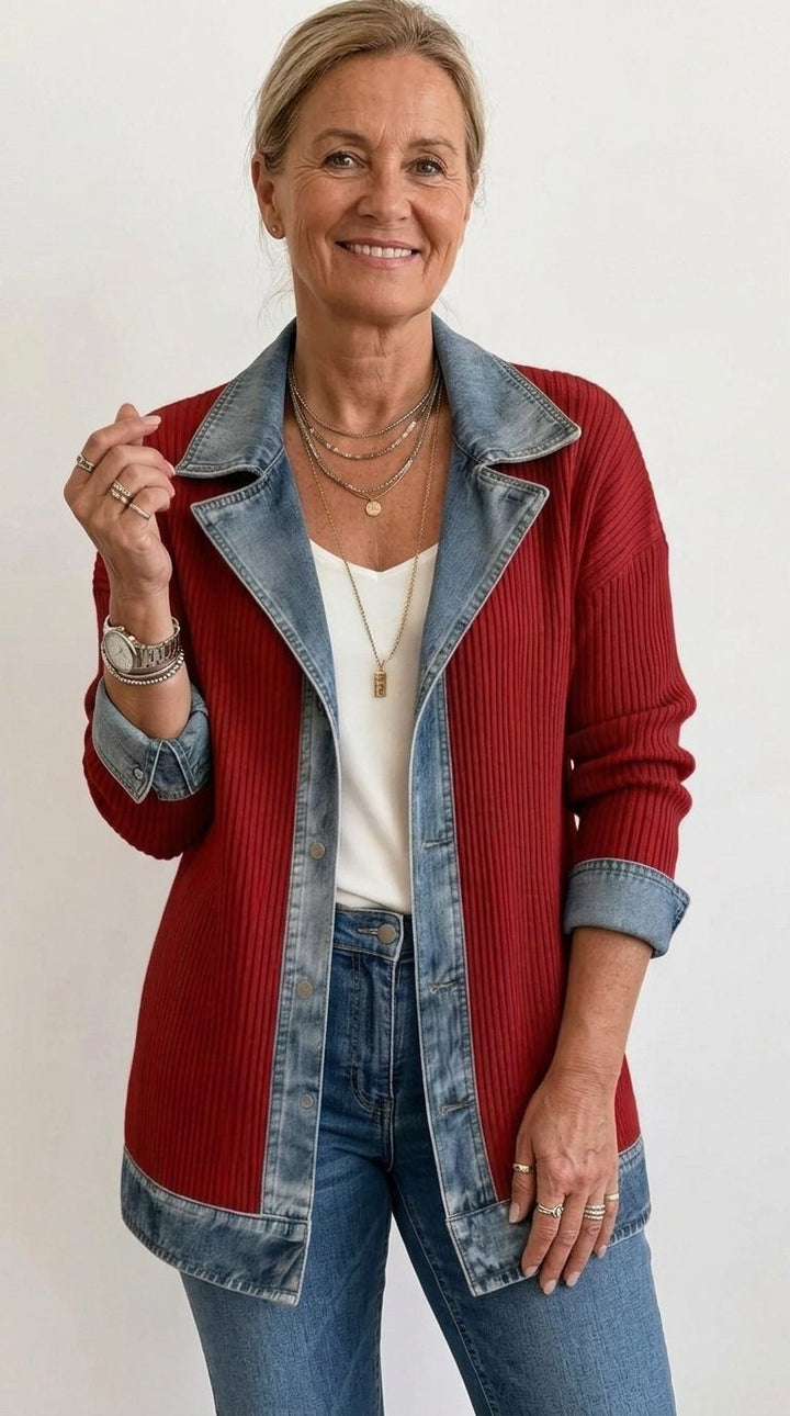 Denim Panel Ribbed Knit Blazer with Long Sleeves for Women