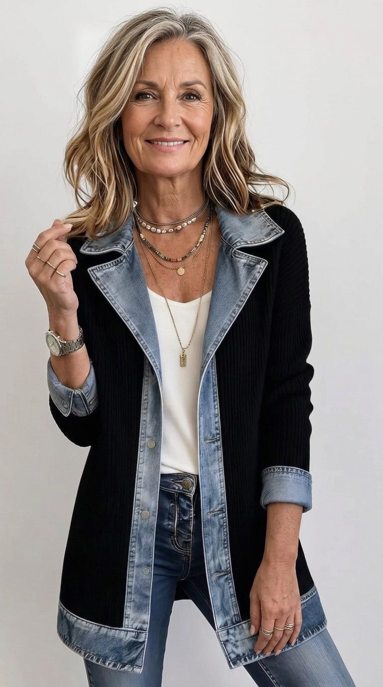 Denim Panel Ribbed Knit Blazer with Long Sleeves for Women