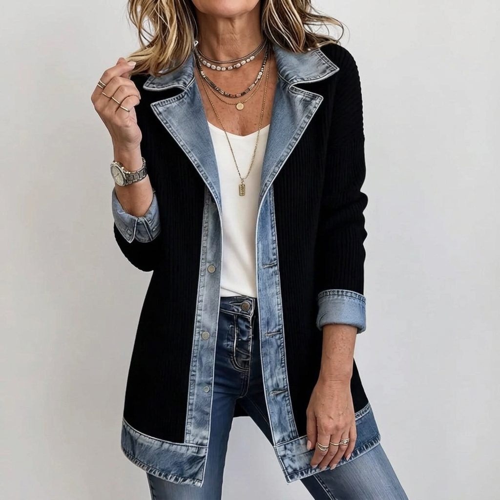 Denim Panel Ribbed Knit Blazer with Long Sleeves for Women