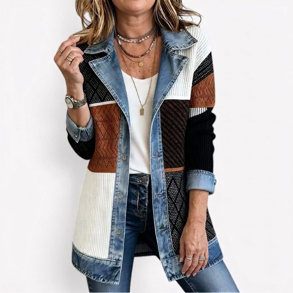 Denim Panel Ribbed Knit Blazer with Long Sleeves for Women