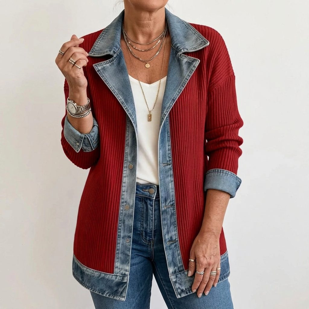 Denim Panel Ribbed Knit Blazer with Long Sleeves for Women