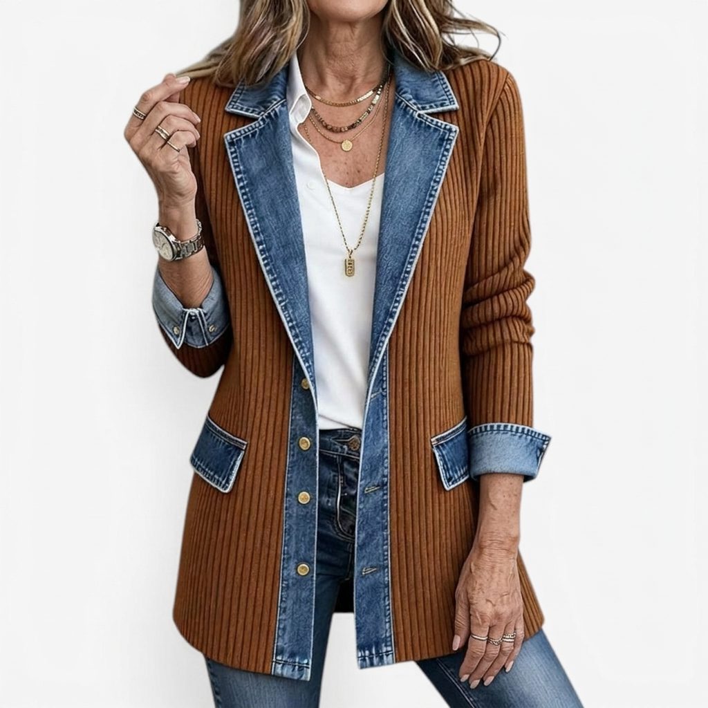 Denim Panel Ribbed Knit Blazer with Long Sleeves for Women