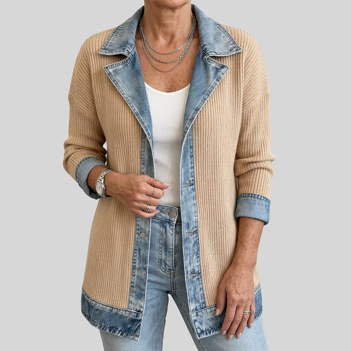 Denim Panel Ribbed Knit Blazer with Long Sleeves for Women
