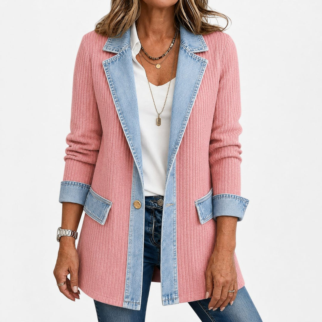 Denim Panel Ribbed Knit Blazer with Long Sleeves for Women
