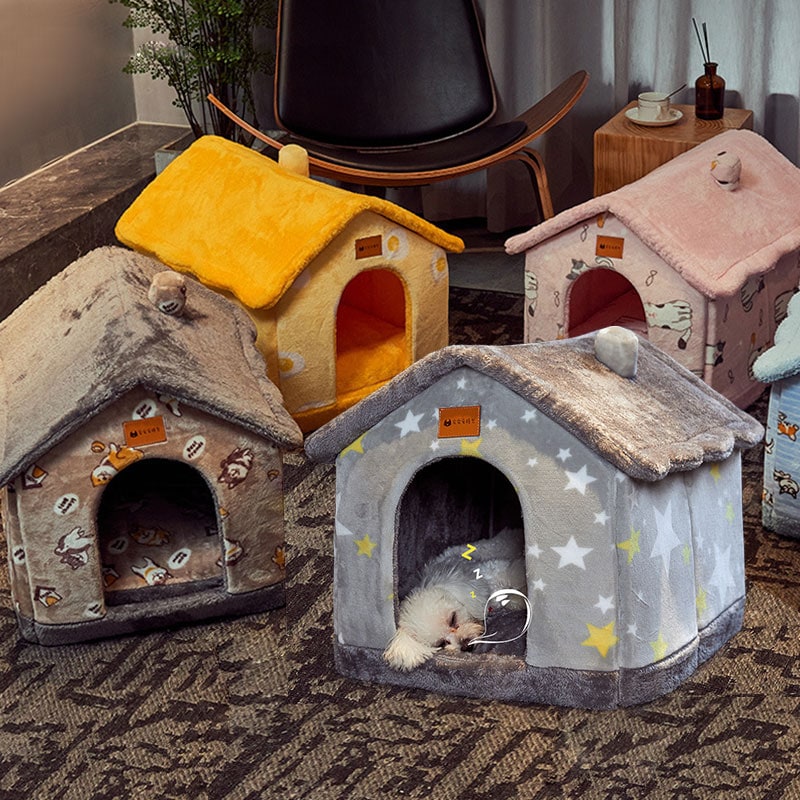 Dog House Bed and Cave with Removable Cushion Enclosed Indoor with Plush Sherpa Fleece