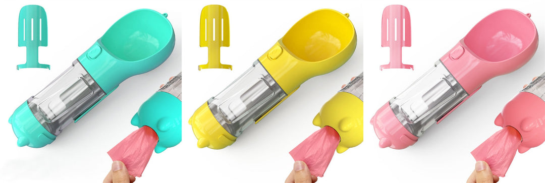 Dog Water Bottle Dispenser with Portable Bowl and Waste Bag Storage for Outdoor Travel