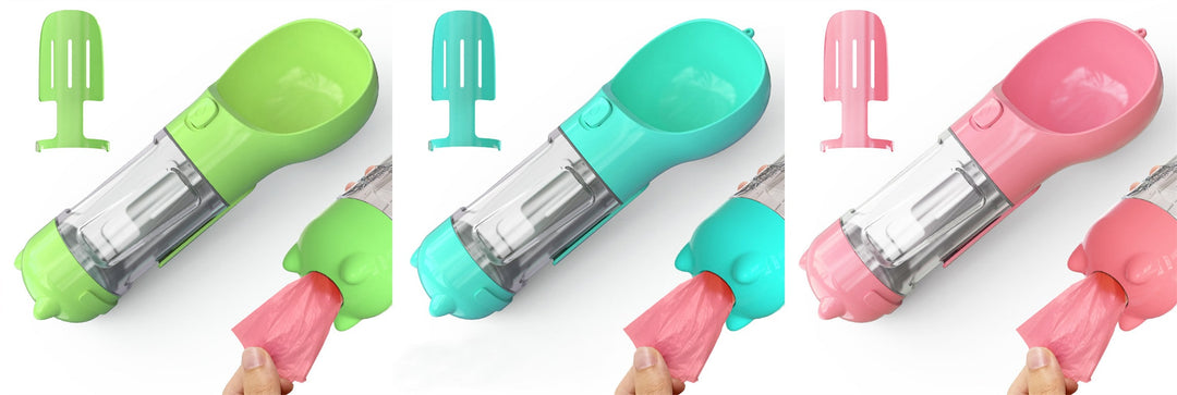 Dog Water Bottle Dispenser with Portable Bowl and Waste Bag Storage for Outdoor Travel