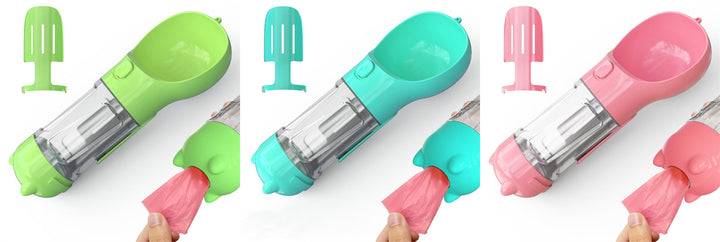 Dog Water Bottle Dispenser with Portable Bowl and Waste Bag Storage for Outdoor Travel