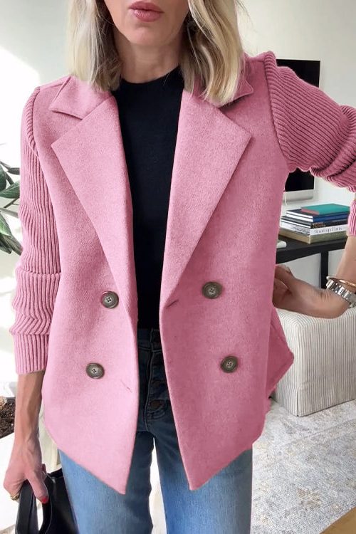 Double-Breasted Wool Blazer Coat with Knit Sleeves for Women
