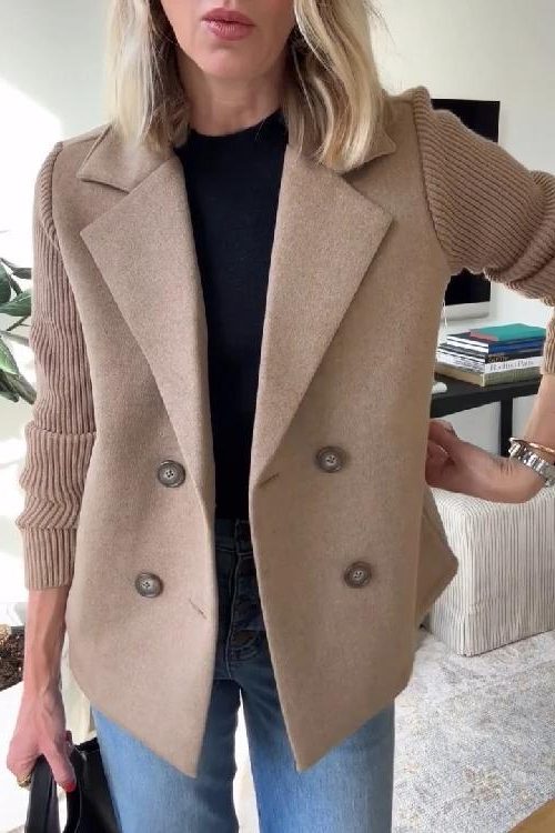 Double-Breasted Wool Blazer Coat with Knit Sleeves for Women