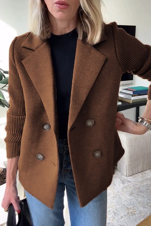 Double-Breasted Wool Blazer Coat with Knit Sleeves for Women