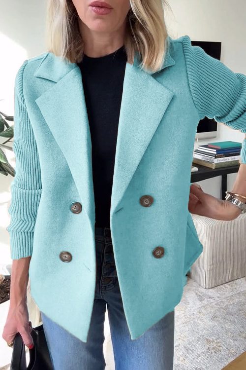 Double-Breasted Wool Blazer Coat with Knit Sleeves for Women