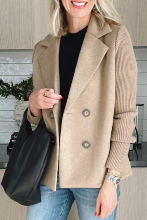 Double-Breasted Wool Blazer Coat with Knit Sleeves for Women
