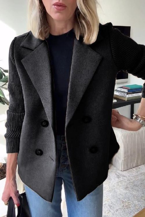 Double-Breasted Wool Blazer Coat with Knit Sleeves for Women