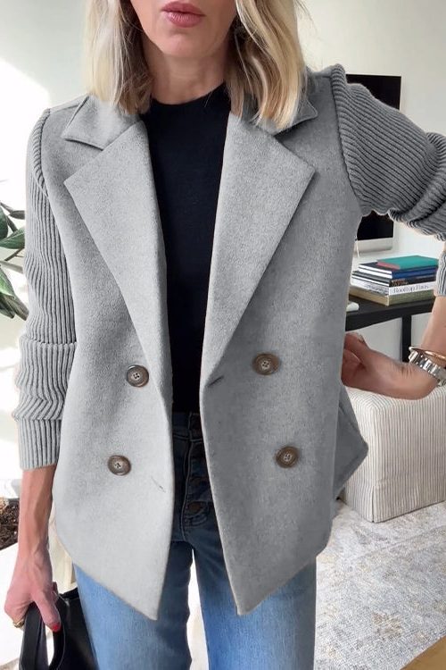 Double-Breasted Wool Blazer Coat with Knit Sleeves for Women