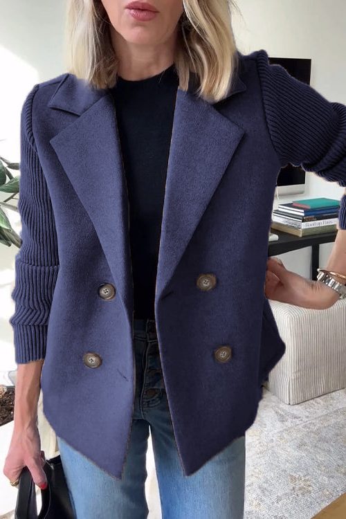 Double-Breasted Wool Blazer Coat with Knit Sleeves for Women