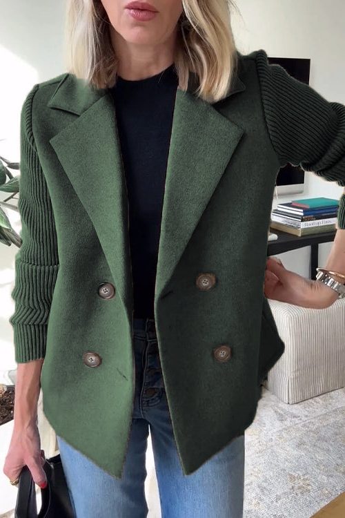 Double-Breasted Wool Blazer Coat with Knit Sleeves for Women