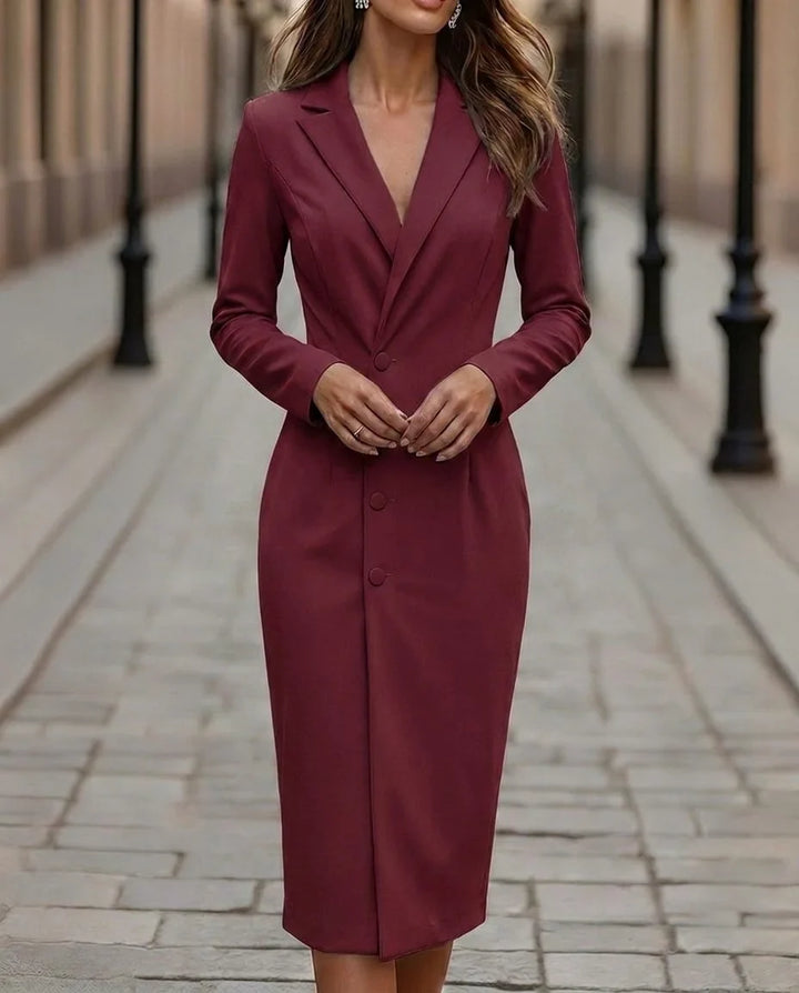Double-Breasted Midi Blazer Dress with Peak Lapel