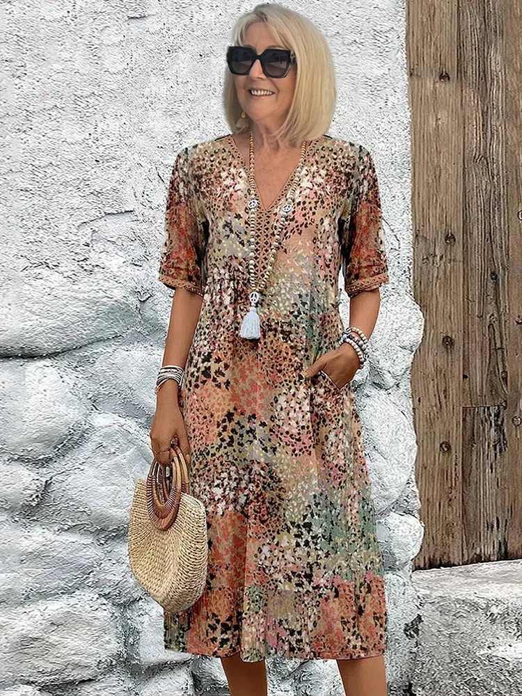 Floral Midi Dress with V-Neck for Women