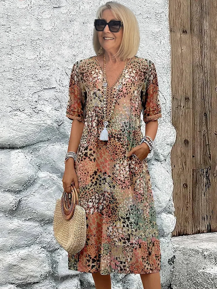Floral Midi Dress with V-Neck for Women