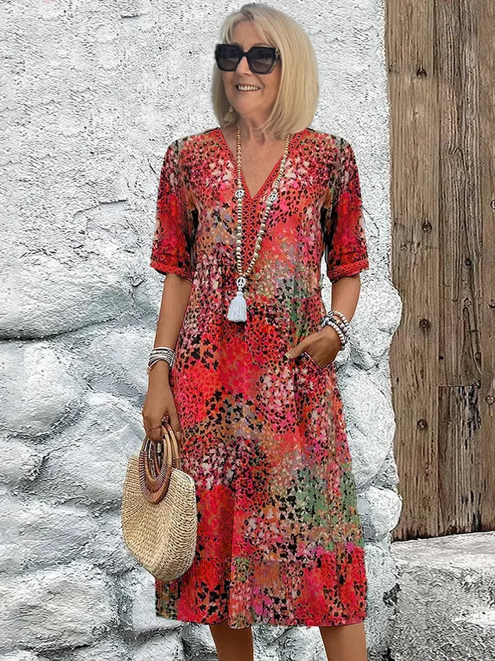 Floral Midi Dress with V-Neck for Women