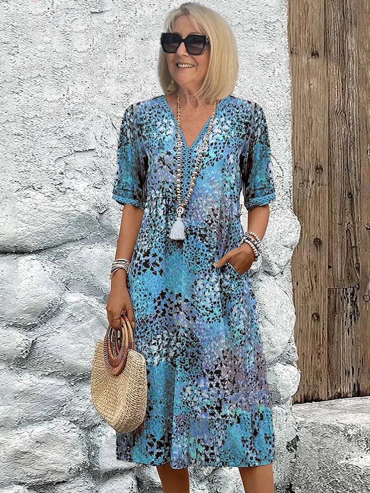 Floral Midi Dress with V-Neck for Women