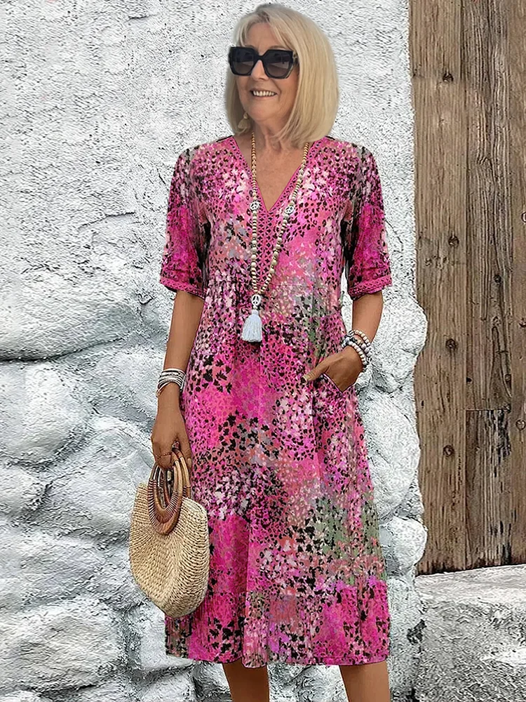 Floral Midi Dress with V-Neck for Women