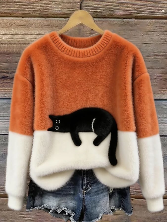 Oversized Sweater with Cat Print