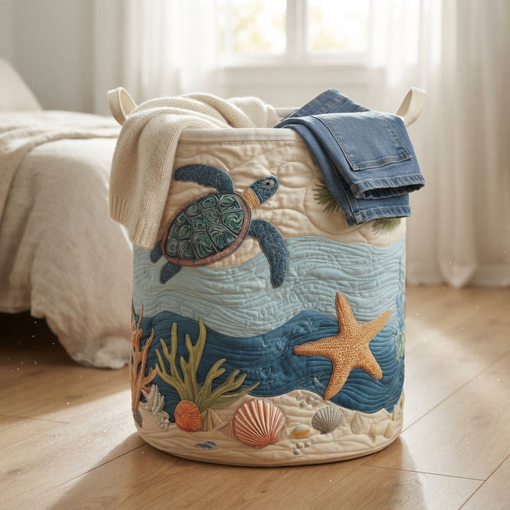 Quilted laundry basket with canvas carrying handles, freestanding cotton-polyester laundry basket