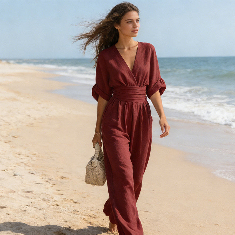 Elegant Women's Jumpsuit with Wide Leg, V-Neck and Flowing Cut
