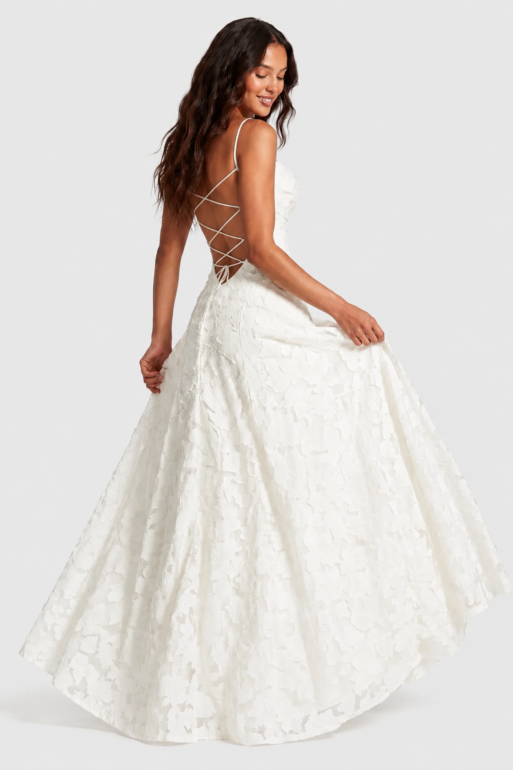 Raised 3D floral lace A-line midi-maxi dress with draped neckline