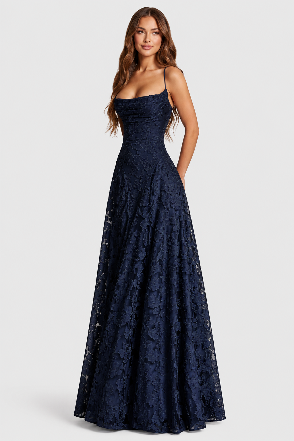 Raised 3D floral lace A-line midi-maxi dress with draped neckline