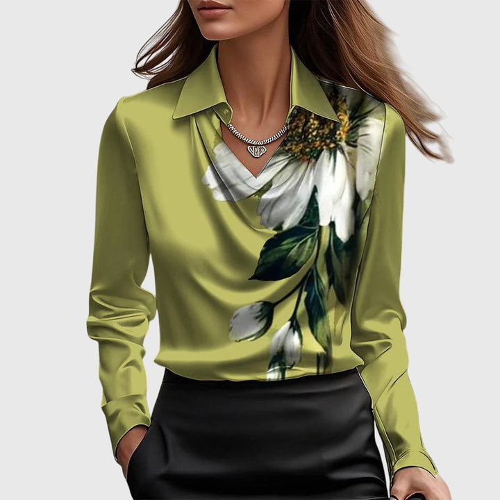Women's satin blouse with waterfall neckline - long-sleeved collared top for work and evenings