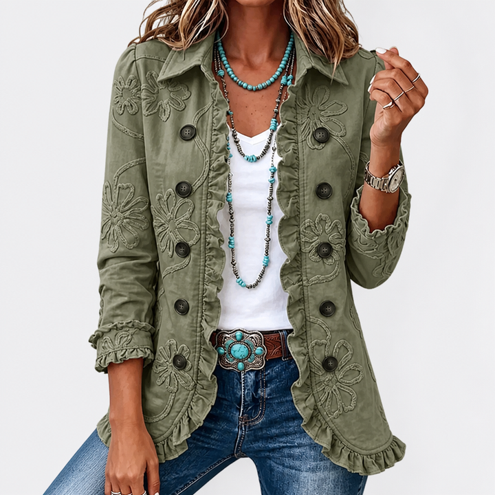 Floral Embroidered Utility Jacket – Vintage Boho Style with Ruffle Trim