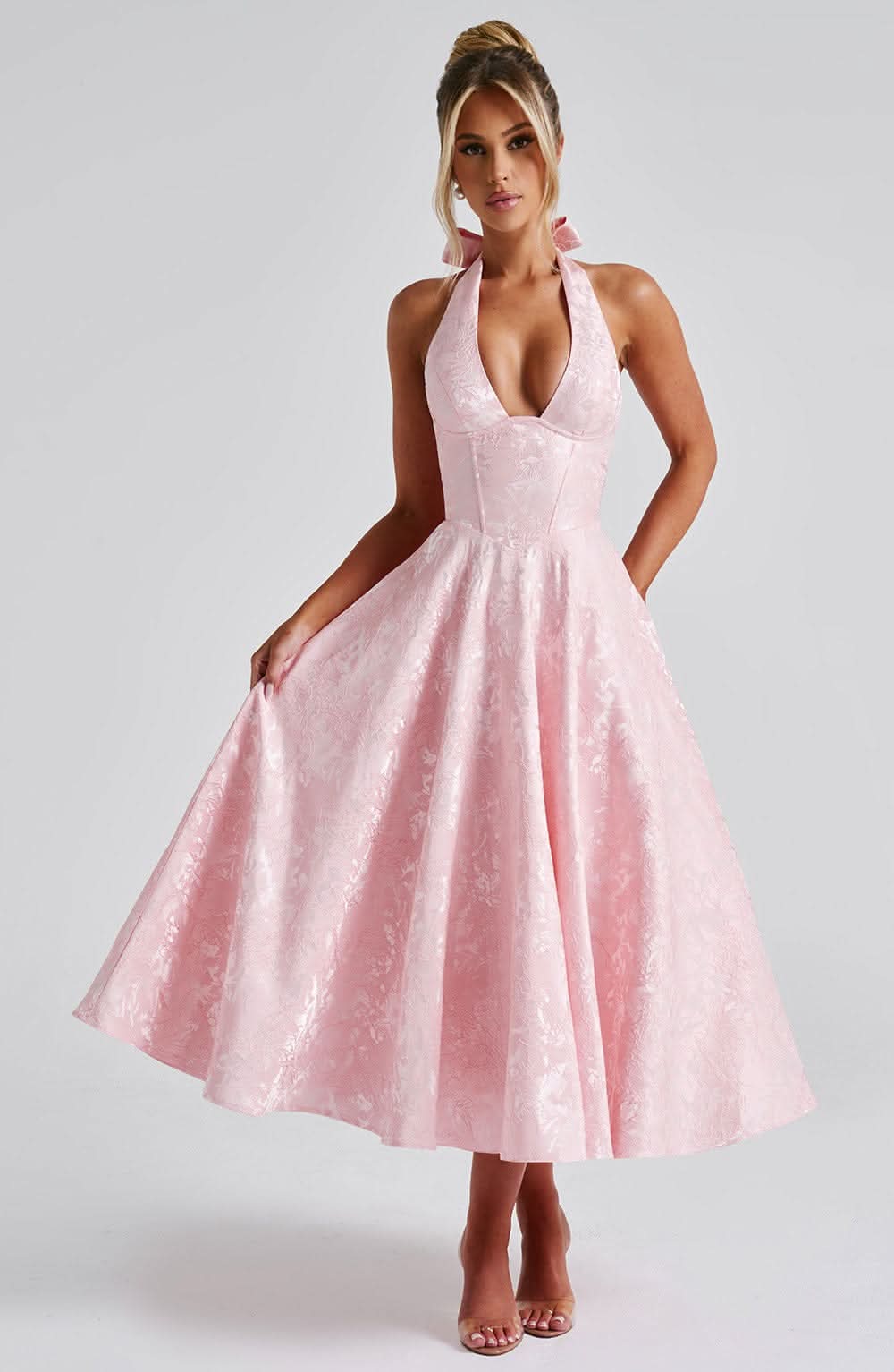 Floral Halterneck Midi Dress – Dress for Wedding Guests and Festive Occasions