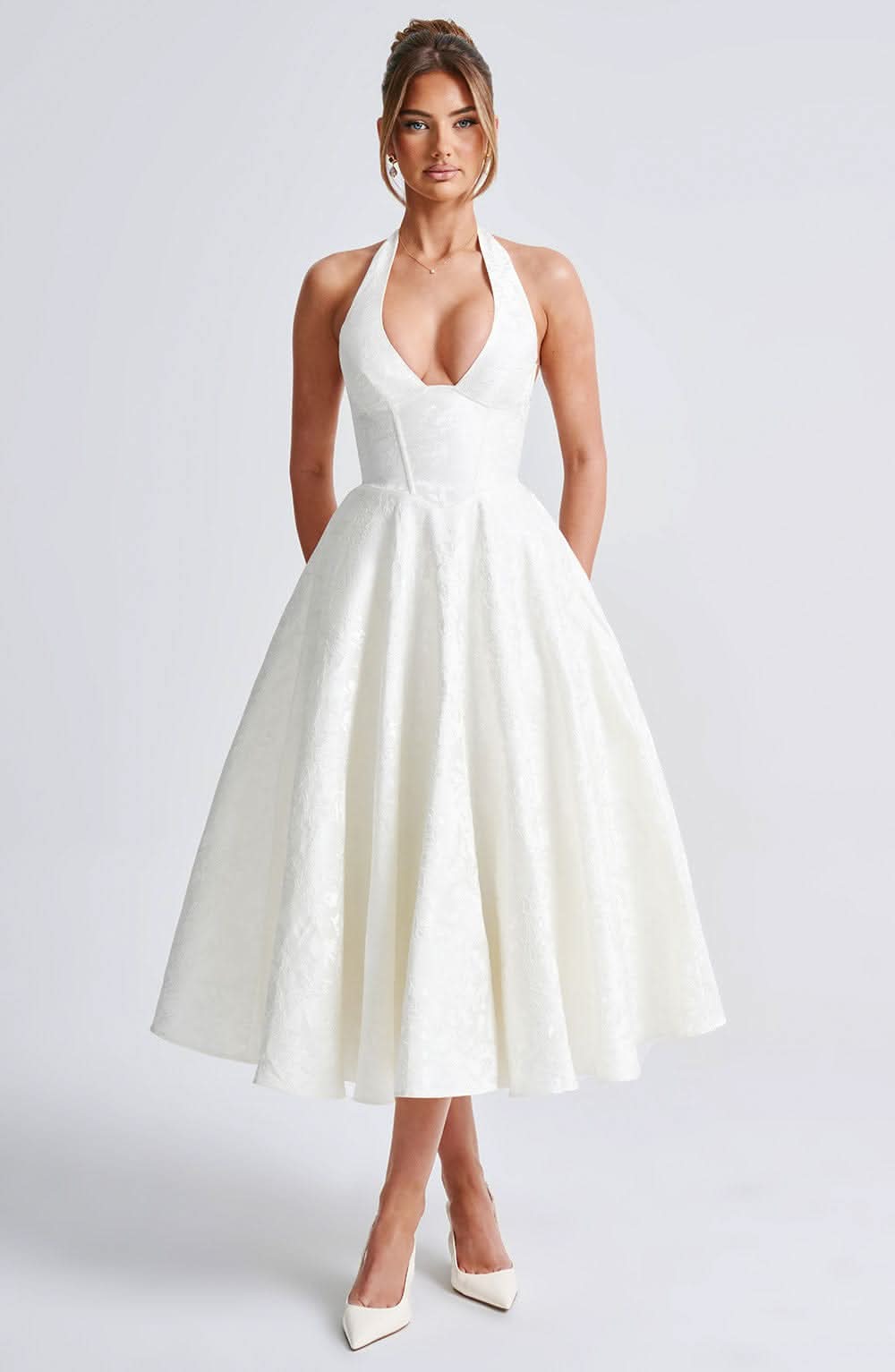 Floral Halterneck Midi Dress – Dress for Wedding Guests and Festive Occasions