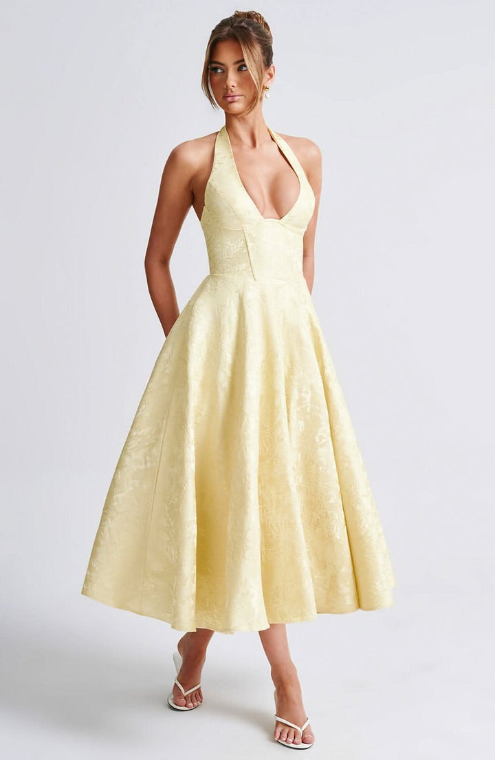Floral Halterneck Midi Dress – Dress for Wedding Guests and Festive Occasions