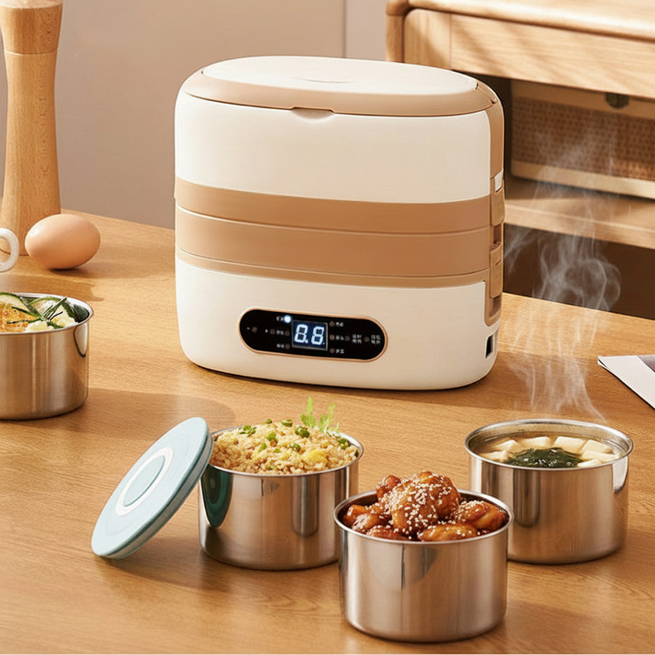 Electric Heated Stainless Steel Lunch Box with Bento Compartments and Locking Latches