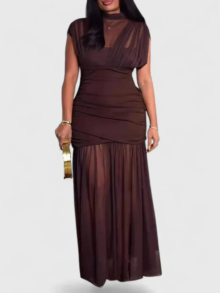Stand Collar Maxi Dress with Sheer Mesh