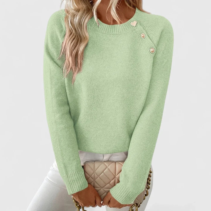Knit Crew Neck Sweater with Pearl Buttons