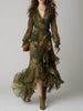 Women's Green Floral Wrap Maxi Dress with V-Neck, Long Sleeves and Ruffle Tiers