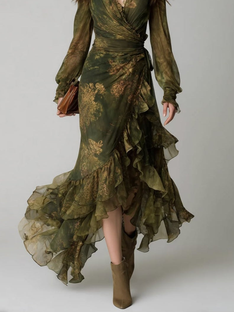 Women's Green Floral Wrap Maxi Dress with V-Neck, Long Sleeves and Ruffle Tiers