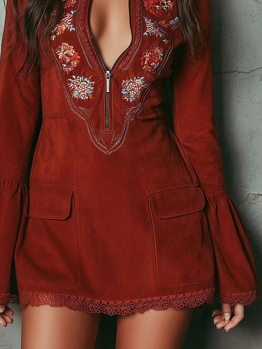 Embroidered Suede Bell Sleeve Mini Dress for Women