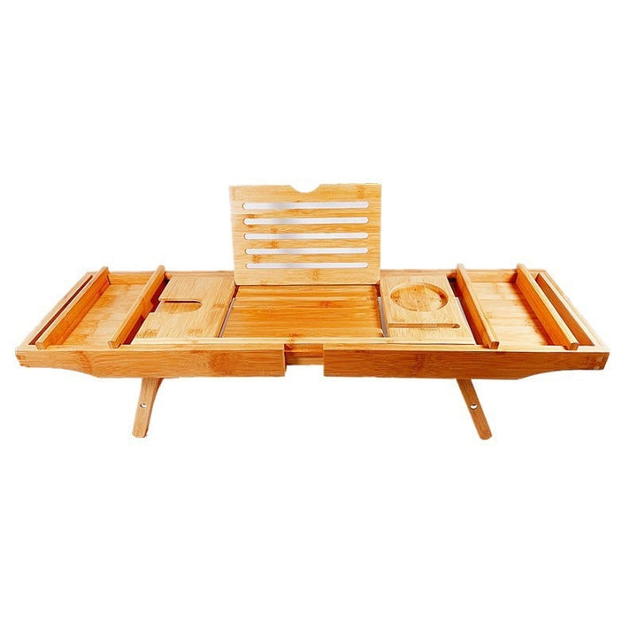 Expandable Bamboo Bathtub Caddy Tray with Organizer Compartments and Folding Legs