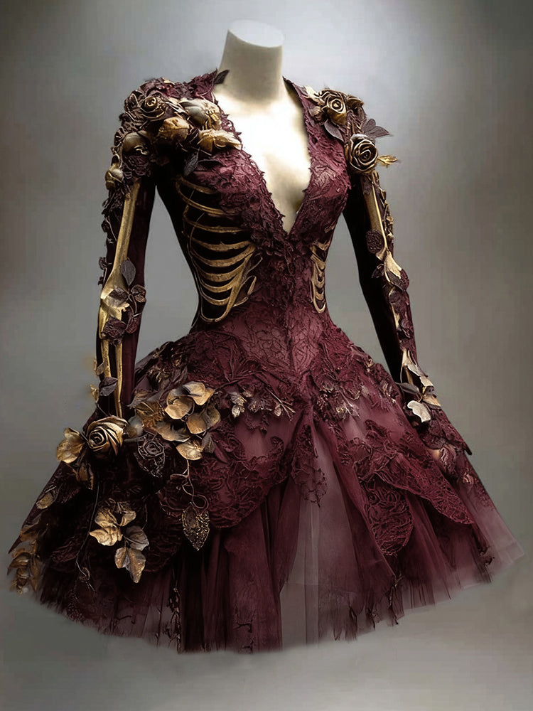 Women's Gothic Skeleton Long-Sleeve Mini Dress for Halloween