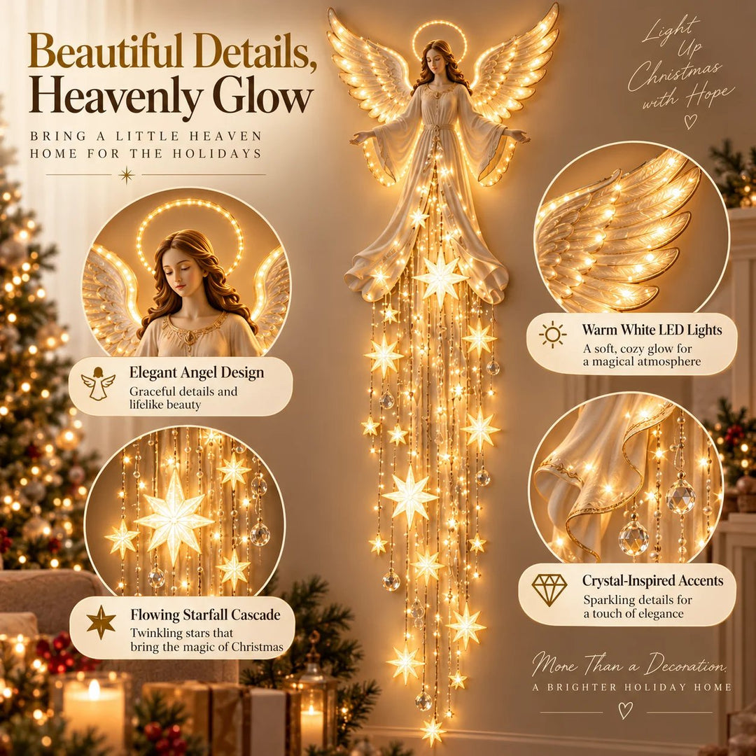 Christmas angel wall lamp with halo and falling stars, warm white